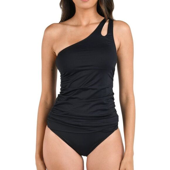La Blanca Island Goddess One Shoulder Keyhole Tankini Top - Black NWT Size 8 - Picture 1 of 6